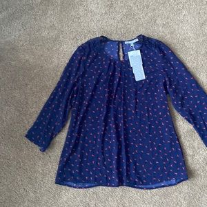 Daniel Rainn pleated lightweight blouse Size L Lace Shoulder Keyhole Back